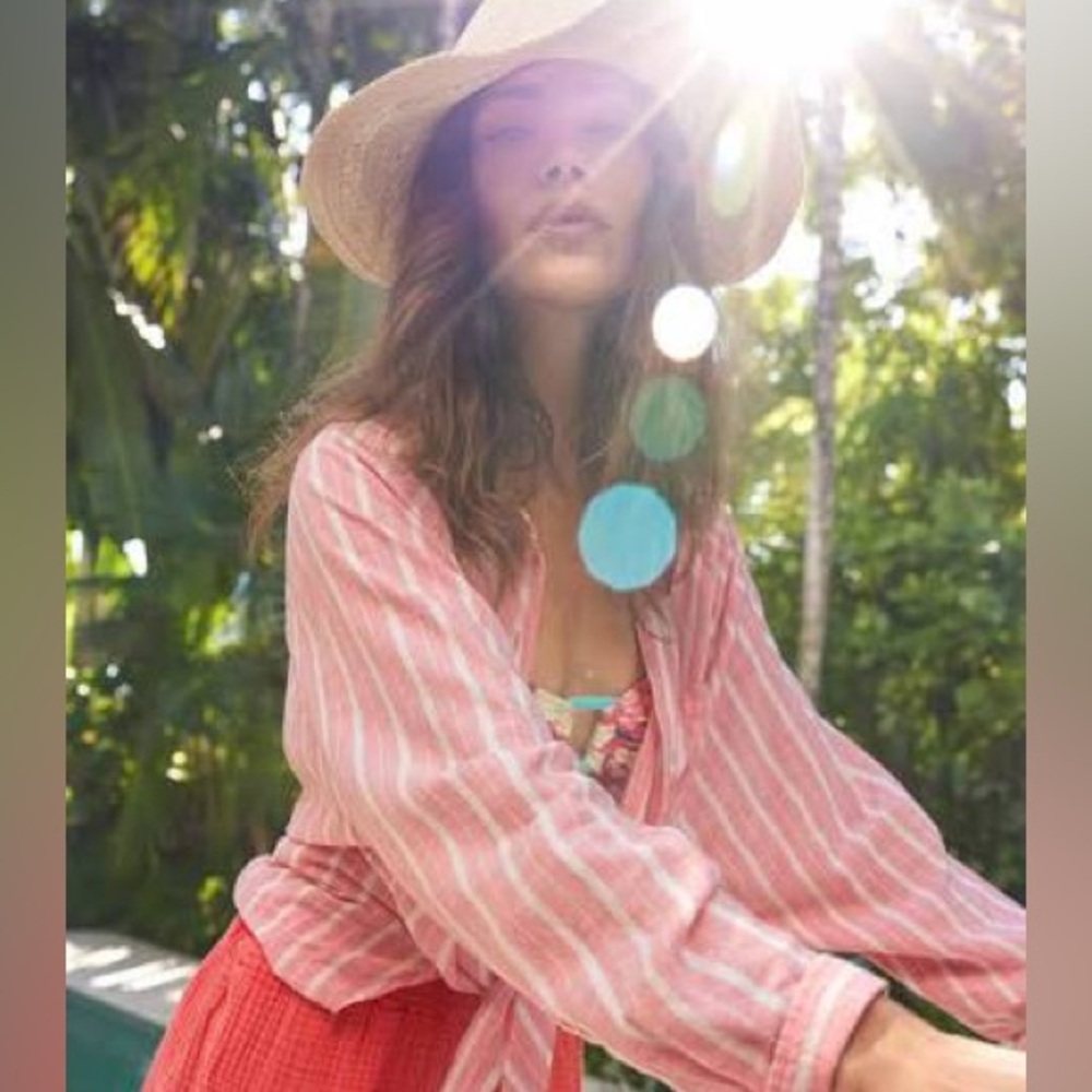 Aerie Linen Blend Cover Up Long sleeved Button-Up Shirt, Size Lg. Spicy Coral